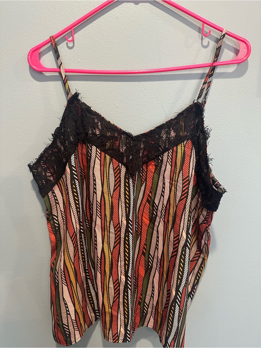 Willow Root Multicolor Striped Satin Cami with Black Lace